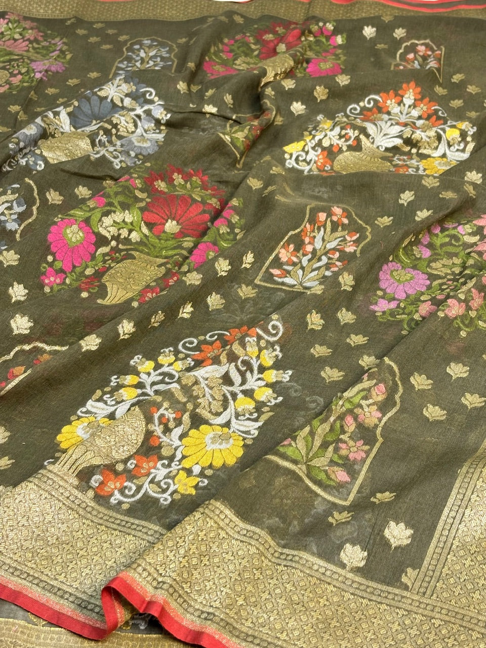 Smoky Olive Green Banarasi cotton Jamdani handloom Saree