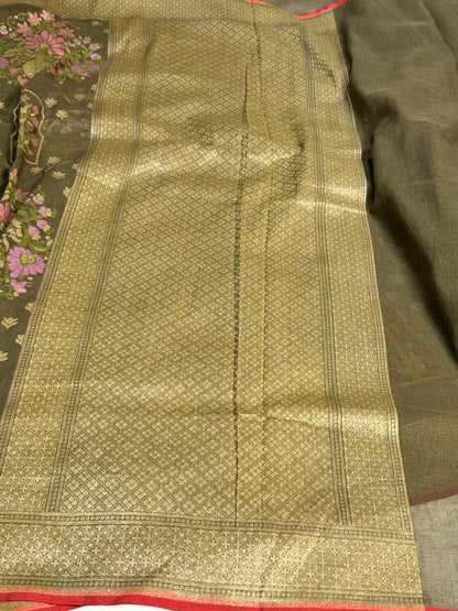 Smoky Olive Green Banarasi cotton Jamdani handloom Saree
