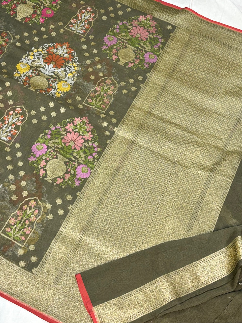 Smoky Olive Green Banarasi cotton Jamdani handloom Saree