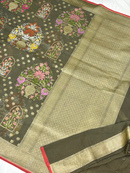Smoky Olive Green Banarasi cotton Jamdani handloom Saree