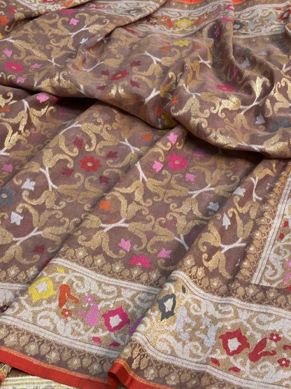 Cocoa Brown Banarasi cotton Jamdani handloom Saree