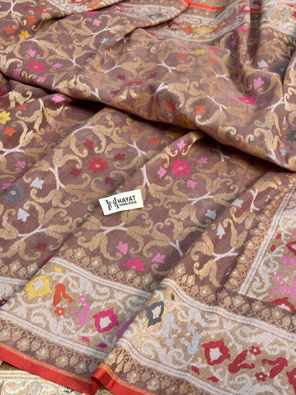 Cocoa Brown Banarasi cotton Jamdani handloom Saree