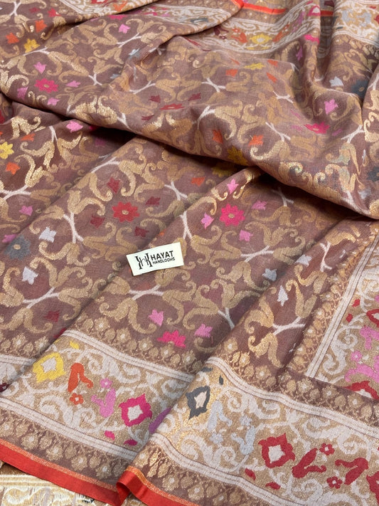 Cocoa Brown Banarasi cotton Jamdani handloom Saree