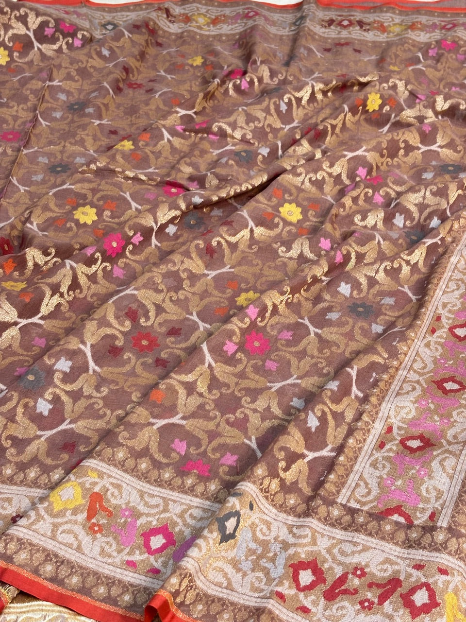 Cocoa Brown Banarasi cotton Jamdani handloom Saree