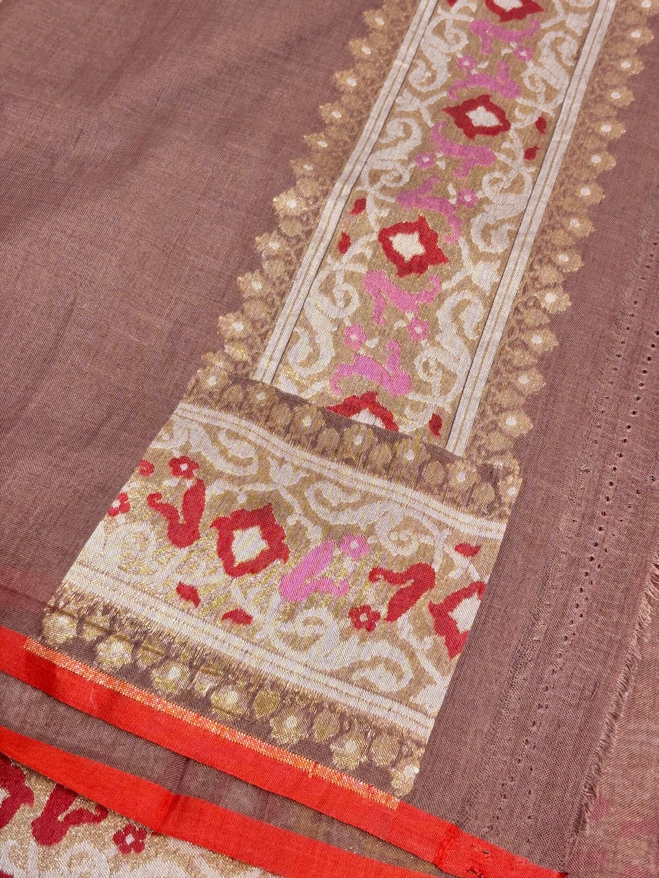 Cocoa Brown Banarasi cotton Jamdani handloom Saree