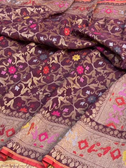 Coffee Brown Banarasi cotton Jamdani handloom Saree