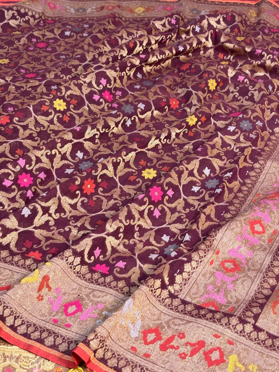 Coffee Brown Banarasi cotton Jamdani handloom Saree