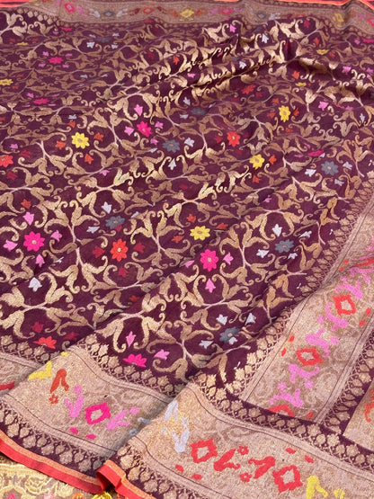 Coffee Brown Banarasi cotton Jamdani handloom Saree