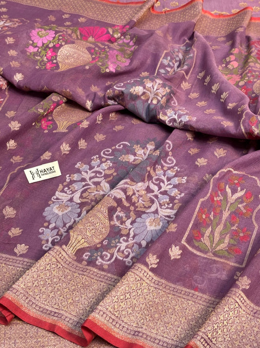Vintage Wine Purple Banarasi cotton Jamdani handloom Saree