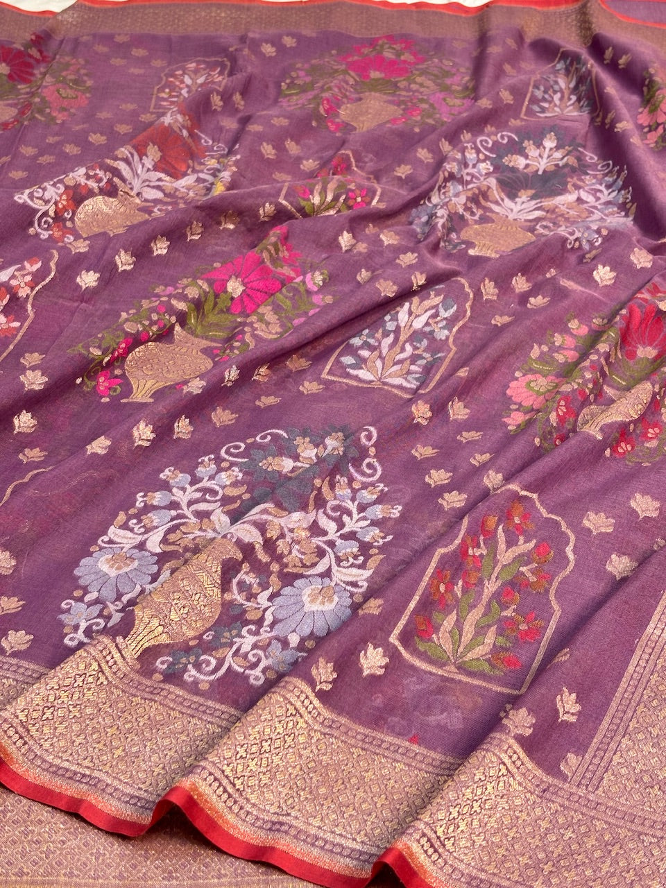 Vintage Wine Purple Banarasi cotton Jamdani handloom Saree