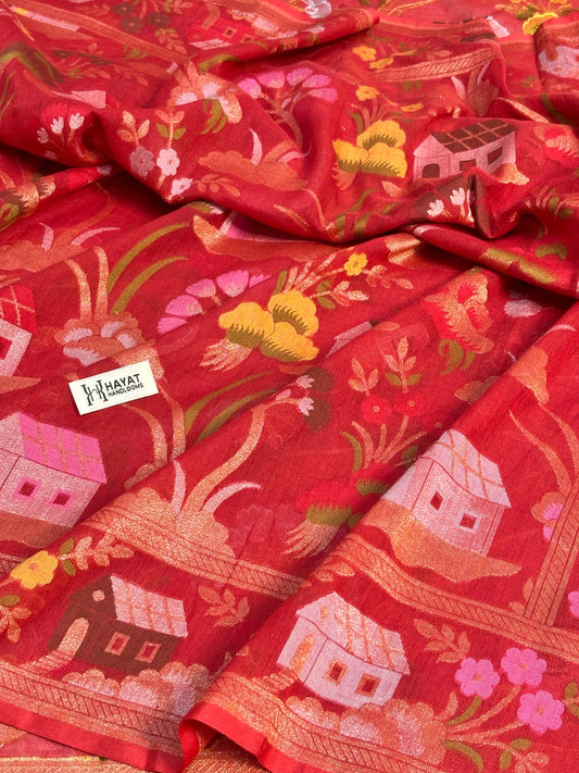Red Banarasi cotton Jamdani handloom Saree