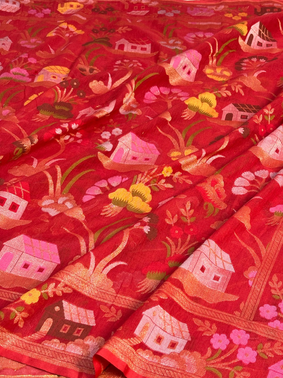 Red Banarasi cotton Jamdani handloom Saree