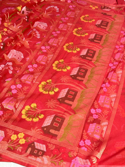 Red Banarasi cotton Jamdani handloom Saree