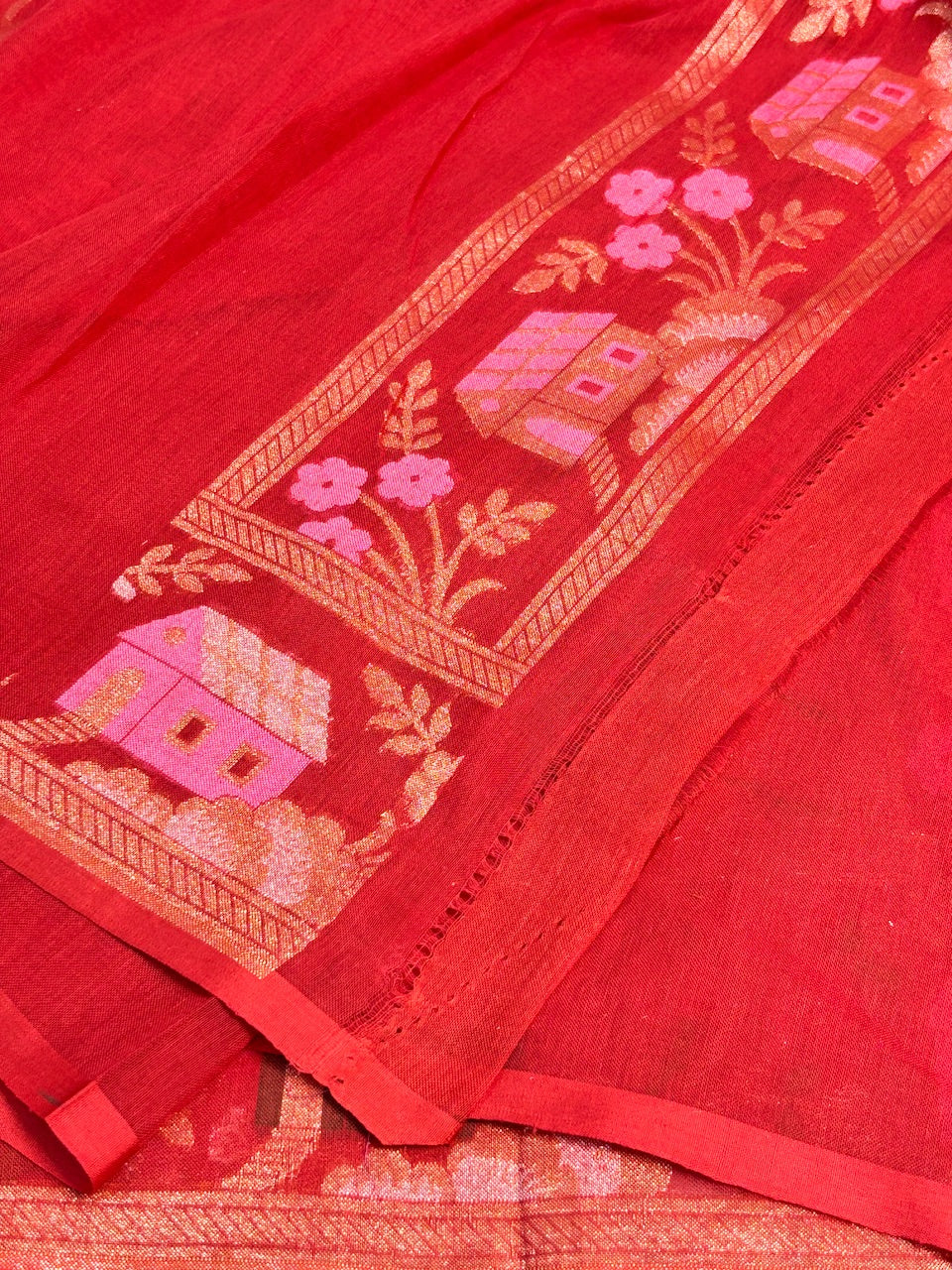 Red Banarasi cotton Jamdani handloom Saree