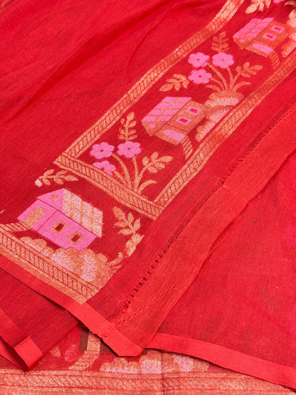 Red Banarasi cotton Jamdani handloom Saree