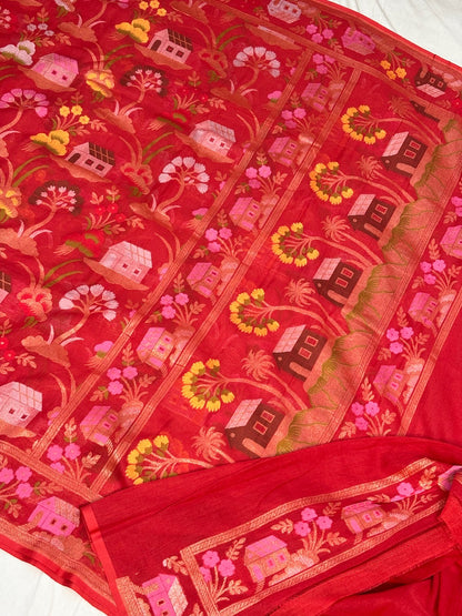 Red Banarasi cotton Jamdani handloom Saree
