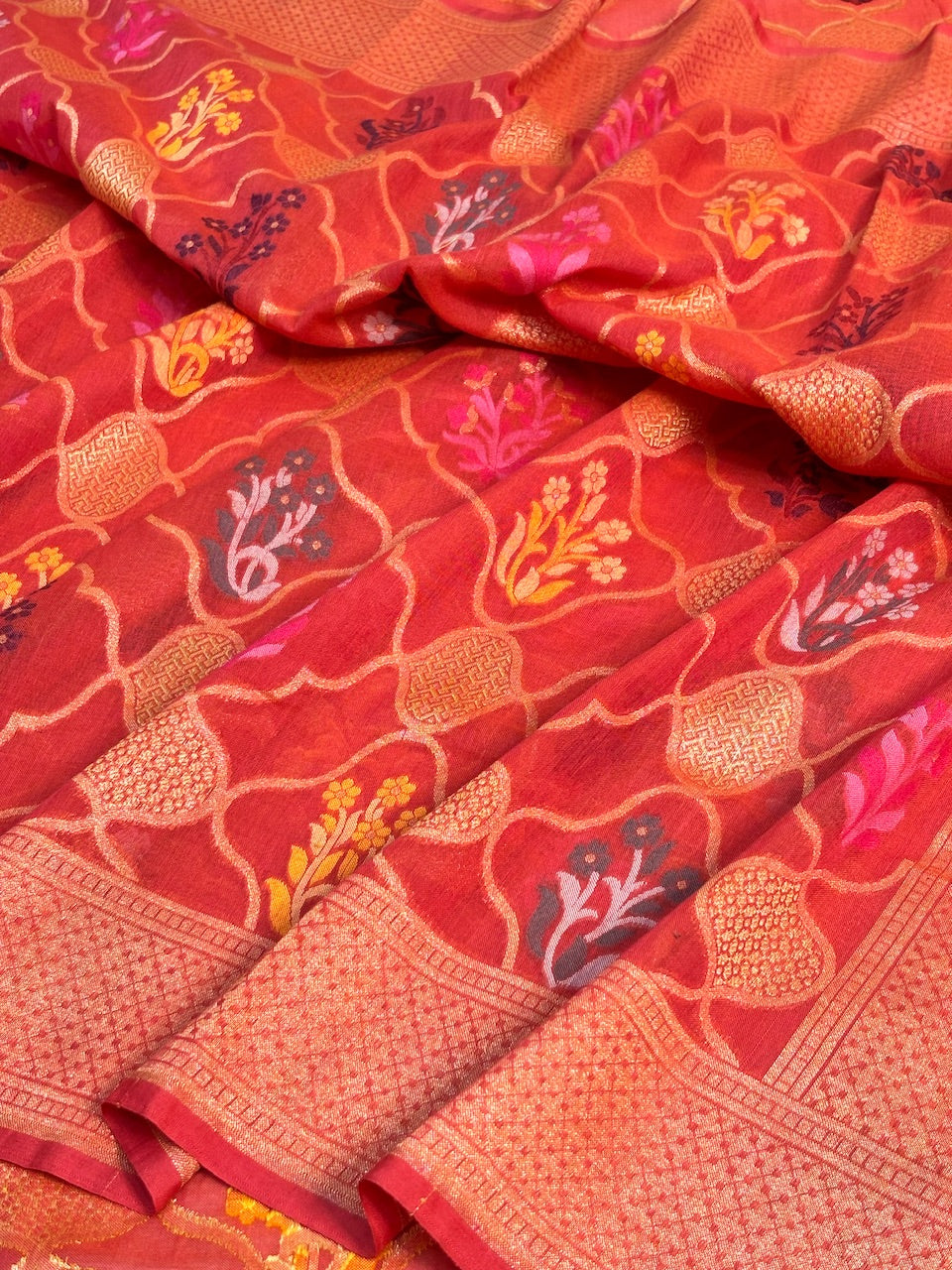 Orange Banarasi cotton Jamdani handloom Saree