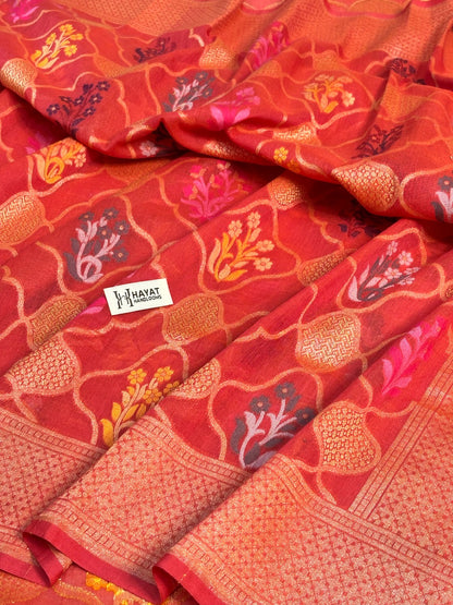 Orange Banarasi cotton Jamdani handloom Saree