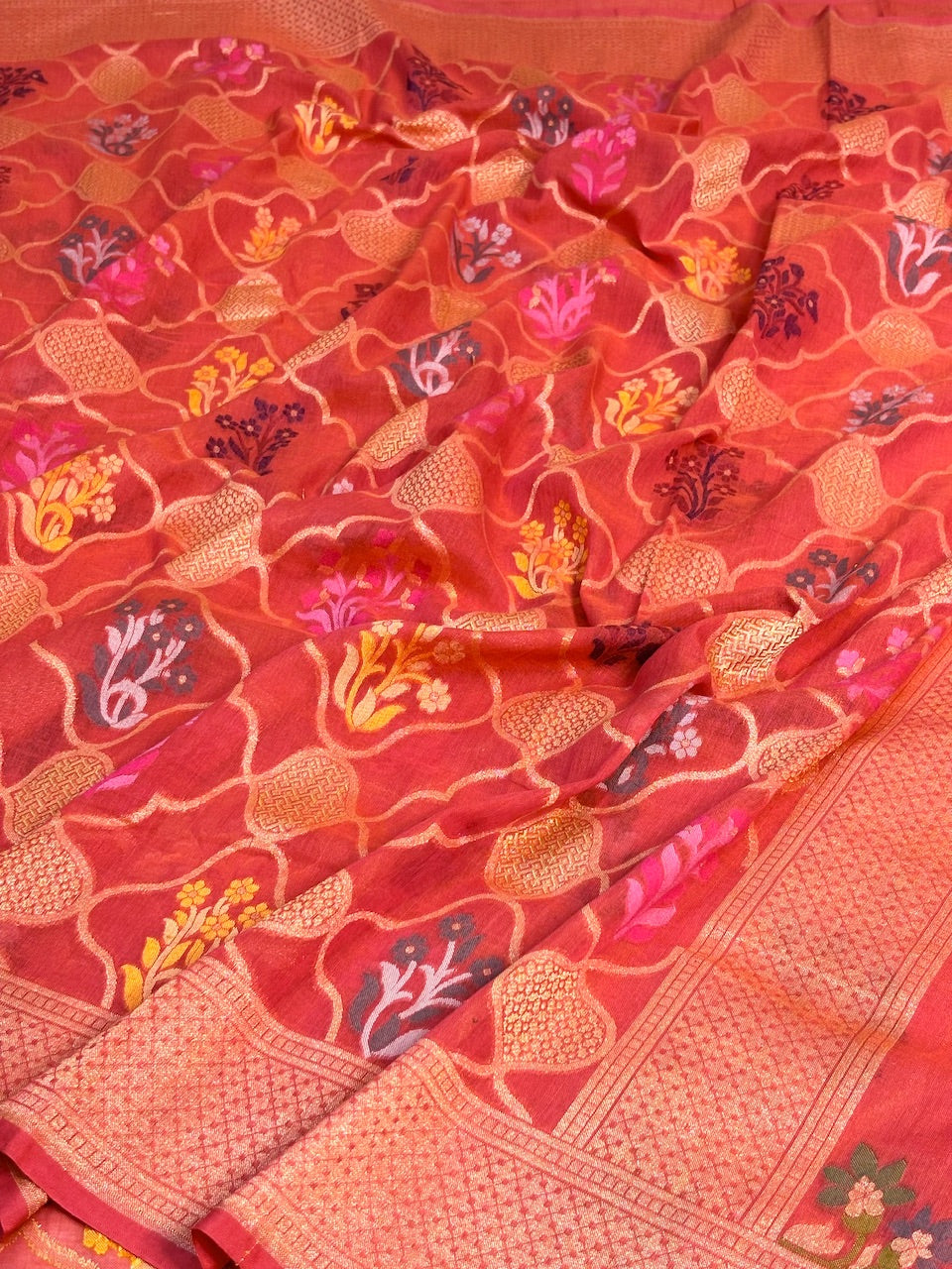 Orange Banarasi cotton Jamdani handloom Saree