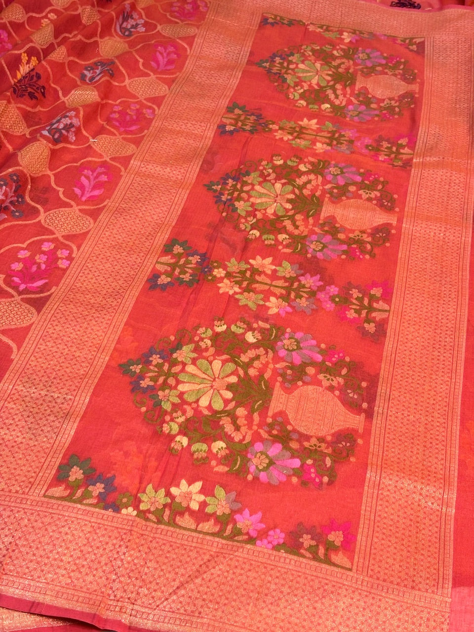 Orange Banarasi cotton Jamdani handloom Saree