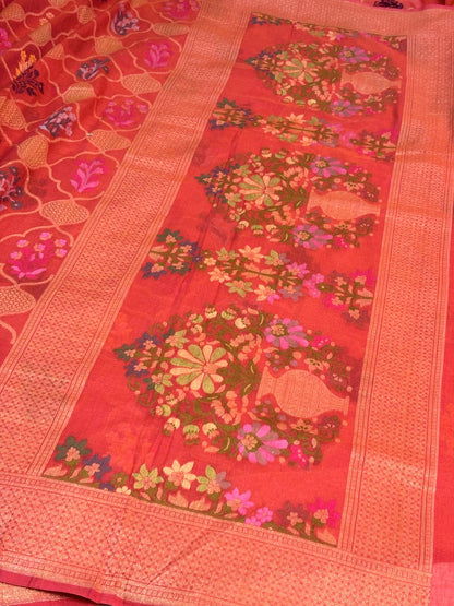 Orange Banarasi cotton Jamdani handloom Saree