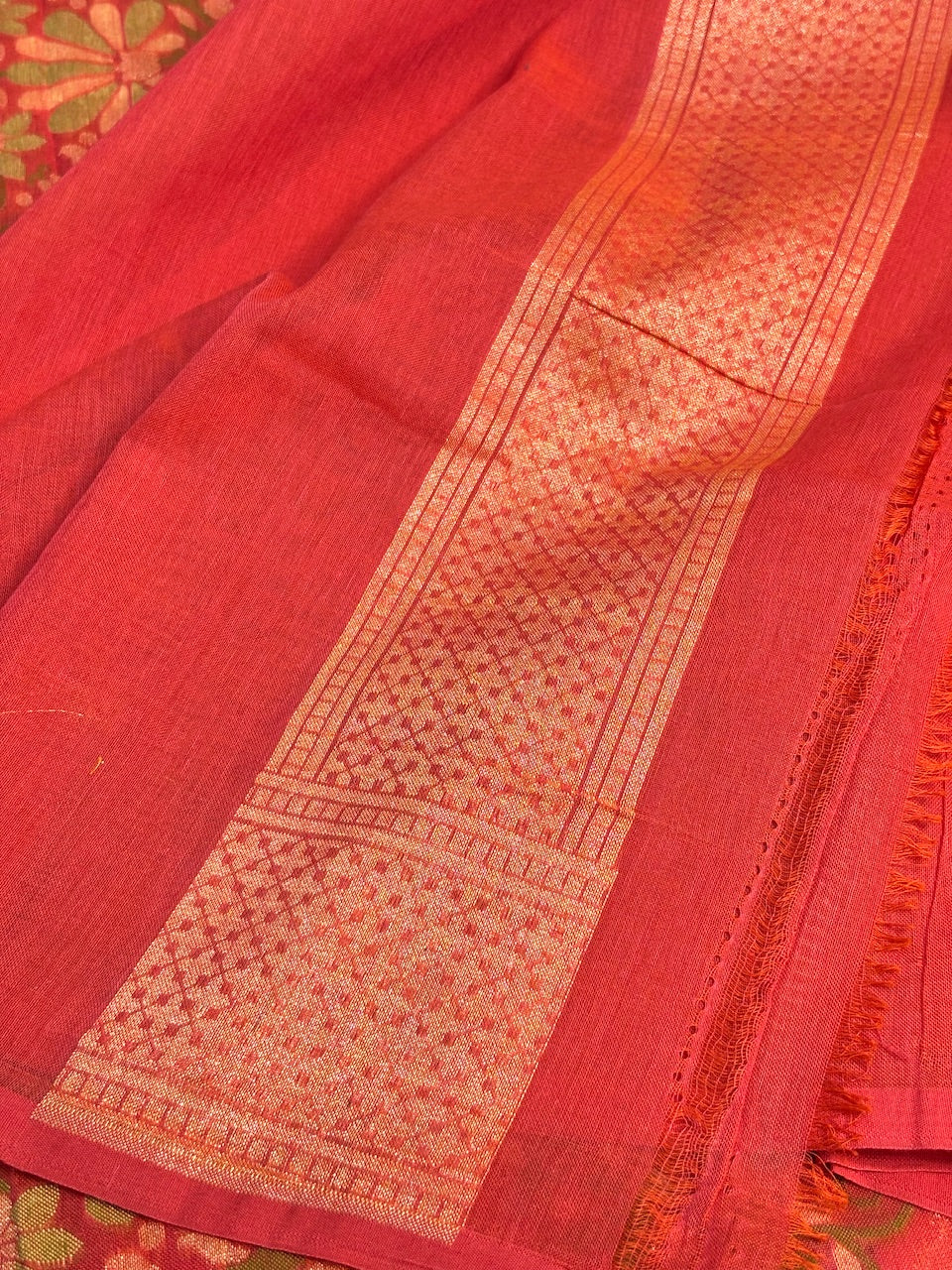 Orange Banarasi cotton Jamdani handloom Saree
