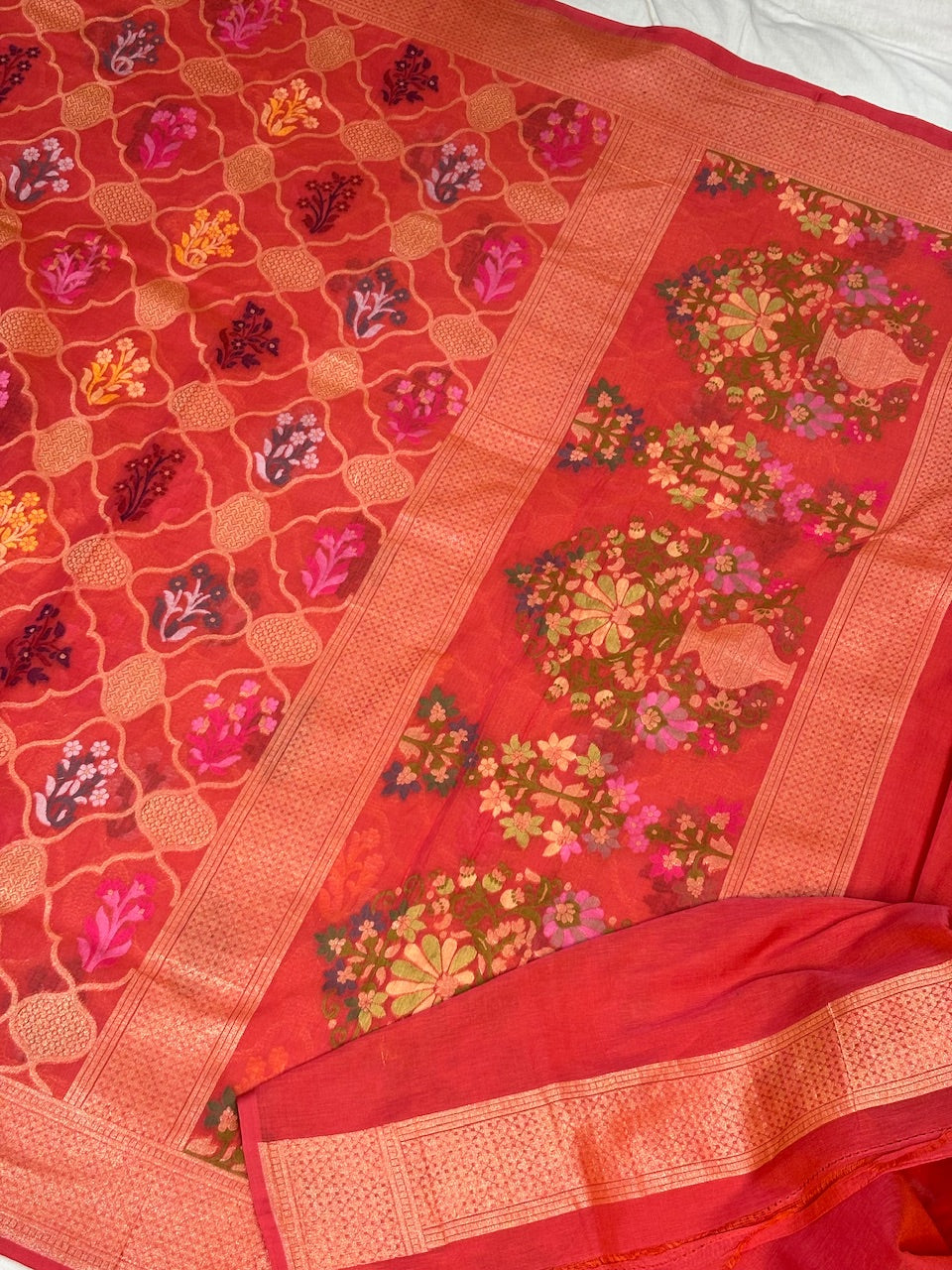 Orange Banarasi cotton Jamdani handloom Saree
