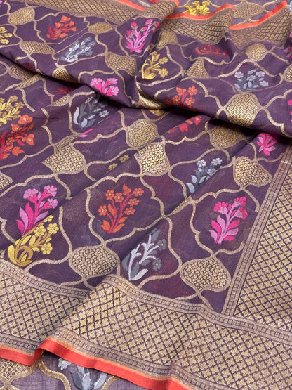 Pulm Purple Banarasi cotton Jamdani handloom Saree