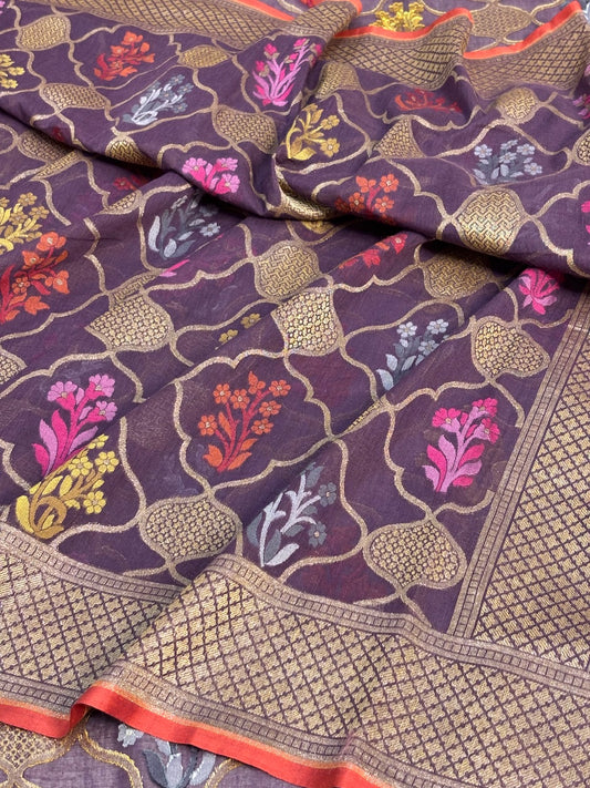 Pulm Purple Banarasi cotton Jamdani handloom Saree