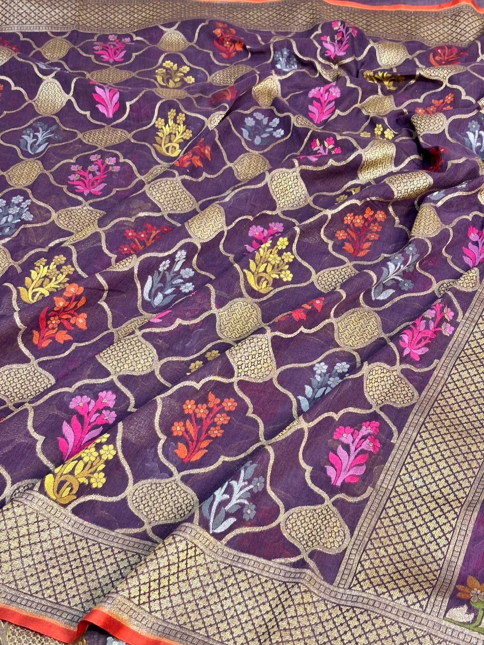 Pulm Purple Banarasi cotton Jamdani handloom Saree