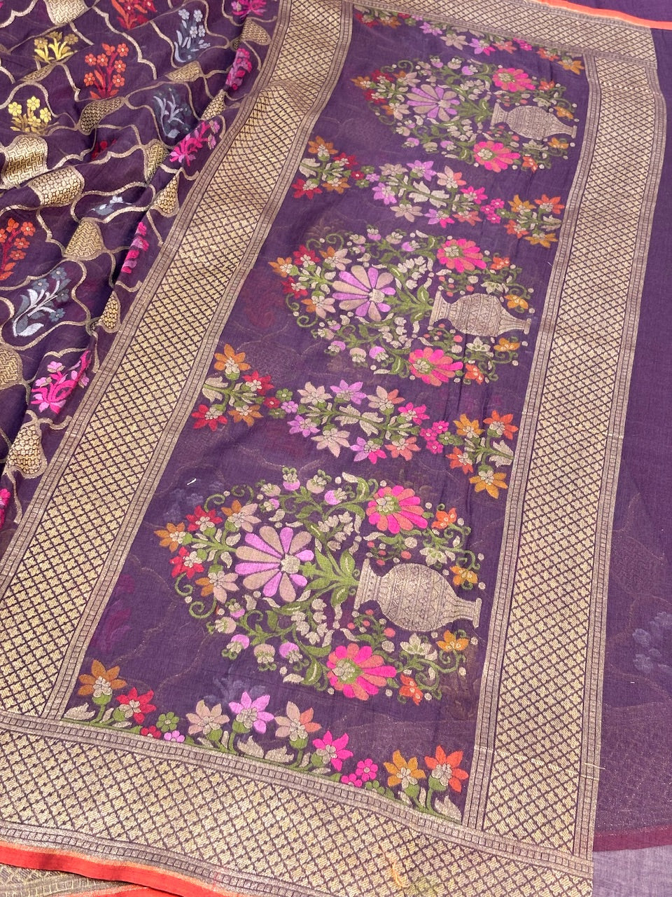 Pulm Purple Banarasi cotton Jamdani handloom Saree