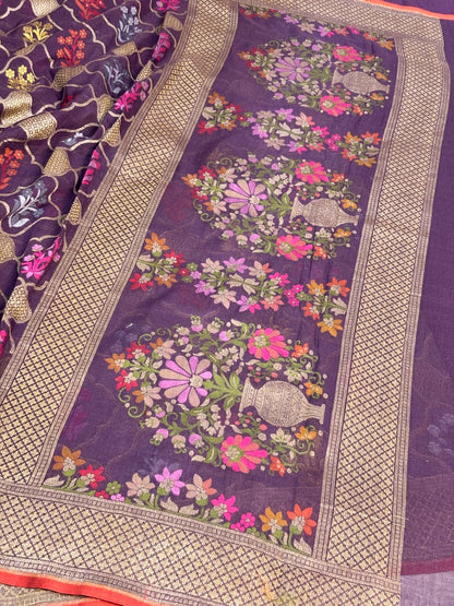 Pulm Purple Banarasi cotton Jamdani handloom Saree