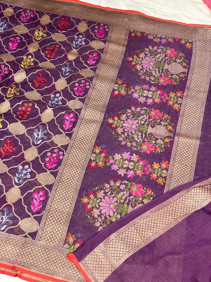 Pulm Purple Banarasi cotton Jamdani handloom Saree