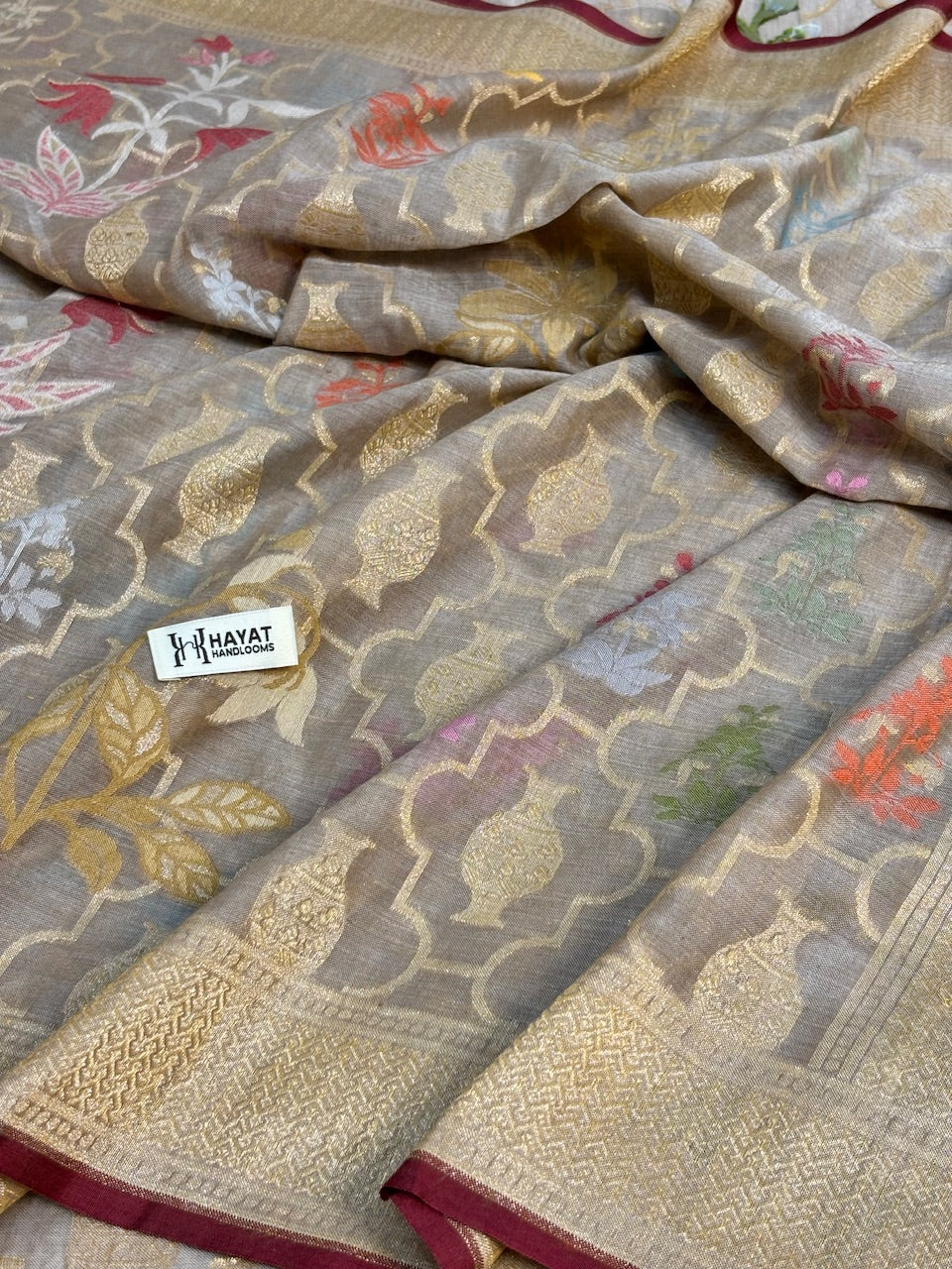 Pearl Grey Banarasi cotton Jamdani handloom Saree