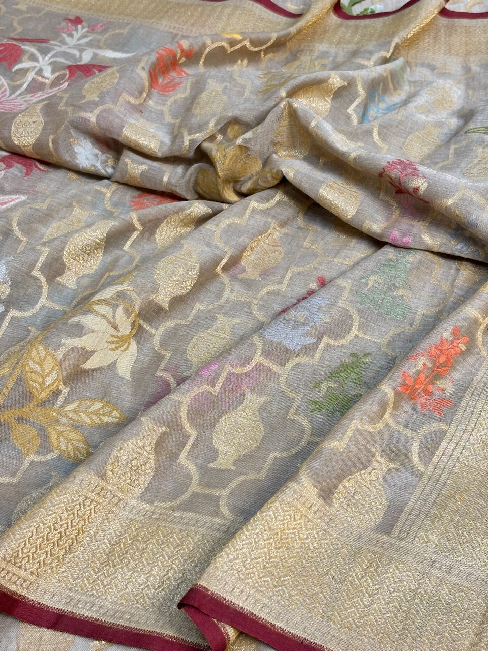 Pearl Grey Banarasi cotton Jamdani handloom Saree