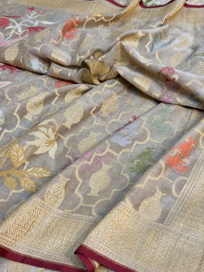 Pearl Grey Banarasi cotton Jamdani handloom Saree