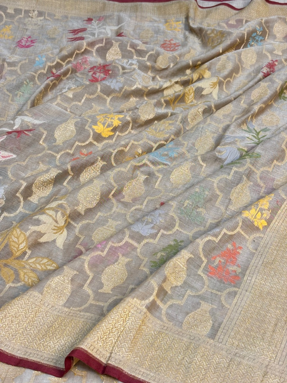 Pearl Grey Banarasi cotton Jamdani handloom Saree