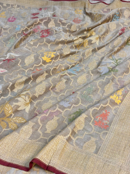 Pearl Grey Banarasi cotton Jamdani handloom Saree