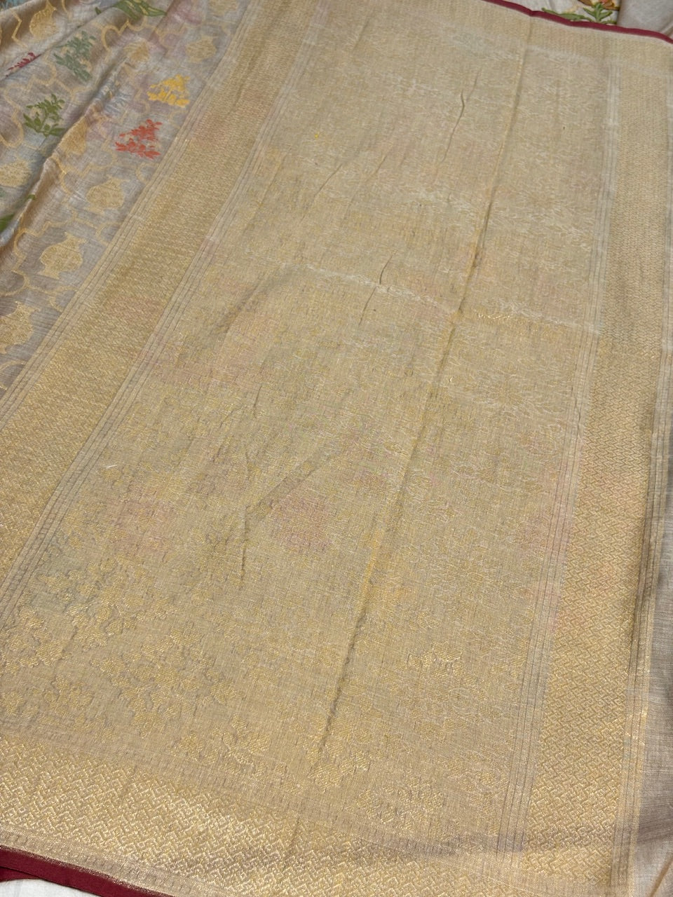 Pearl Grey Banarasi cotton Jamdani handloom Saree