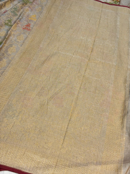 Pearl Grey Banarasi cotton Jamdani handloom Saree