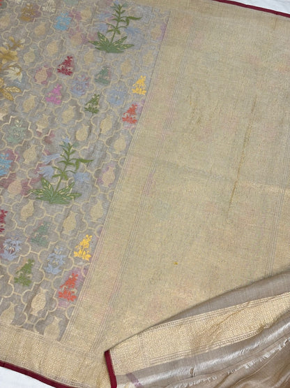 Pearl Grey Banarasi cotton Jamdani handloom Saree
