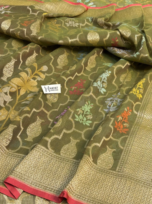 Mehndi Green Banarasi cotton Jamdani handloom Saree