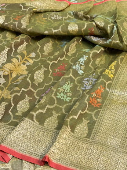 Mehndi Green Banarasi cotton Jamdani handloom Saree