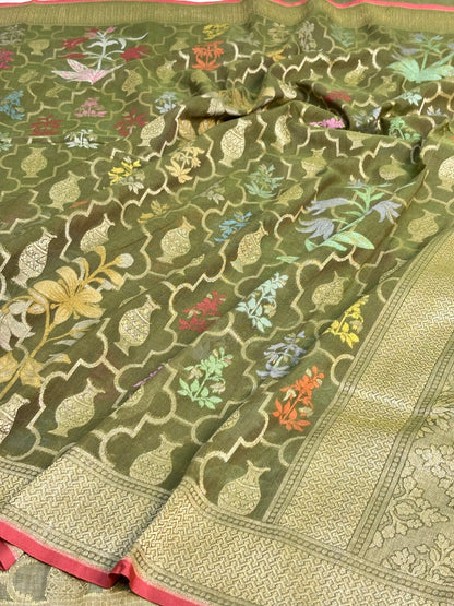 Mehndi Green Banarasi cotton Jamdani handloom Saree
