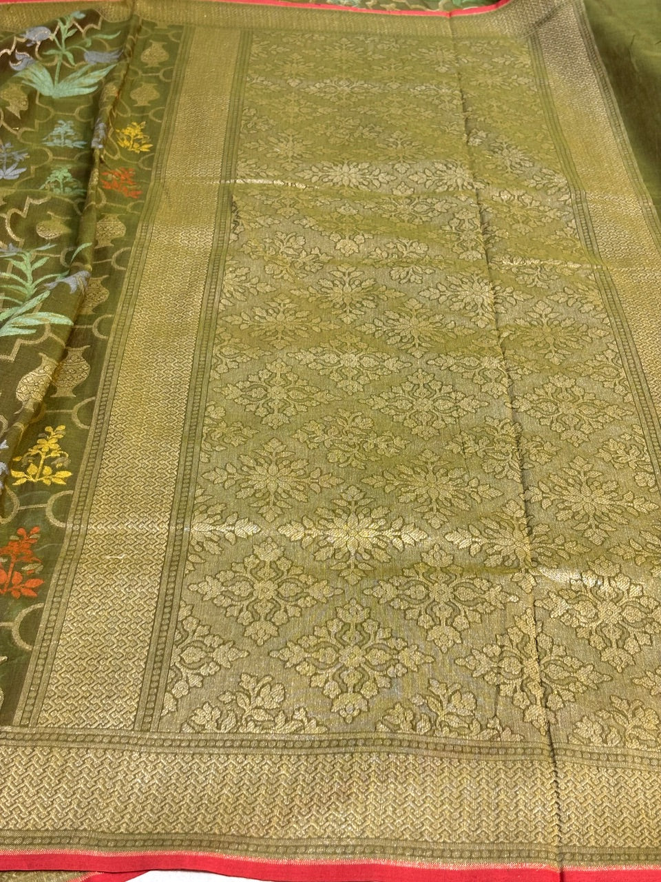 Mehndi Green Banarasi cotton Jamdani handloom Saree