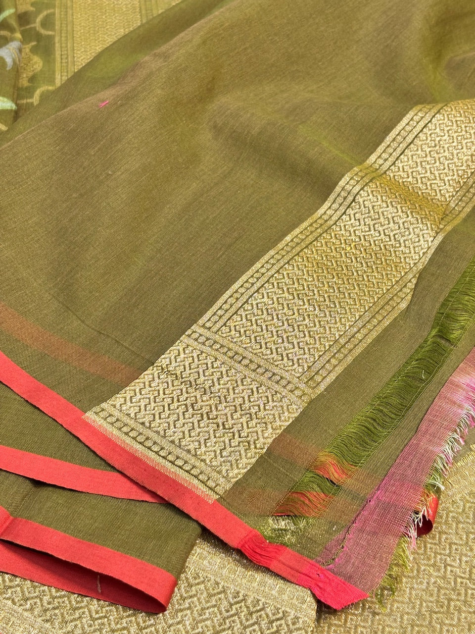 Mehndi Green Banarasi cotton Jamdani handloom Saree