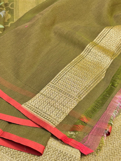 Mehndi Green Banarasi cotton Jamdani handloom Saree