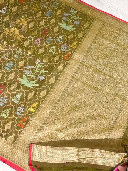 Mehndi Green Banarasi cotton Jamdani handloom Saree