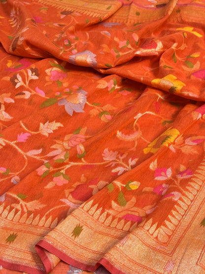 Orange Banarasi cotton Jamdani handloom Saree