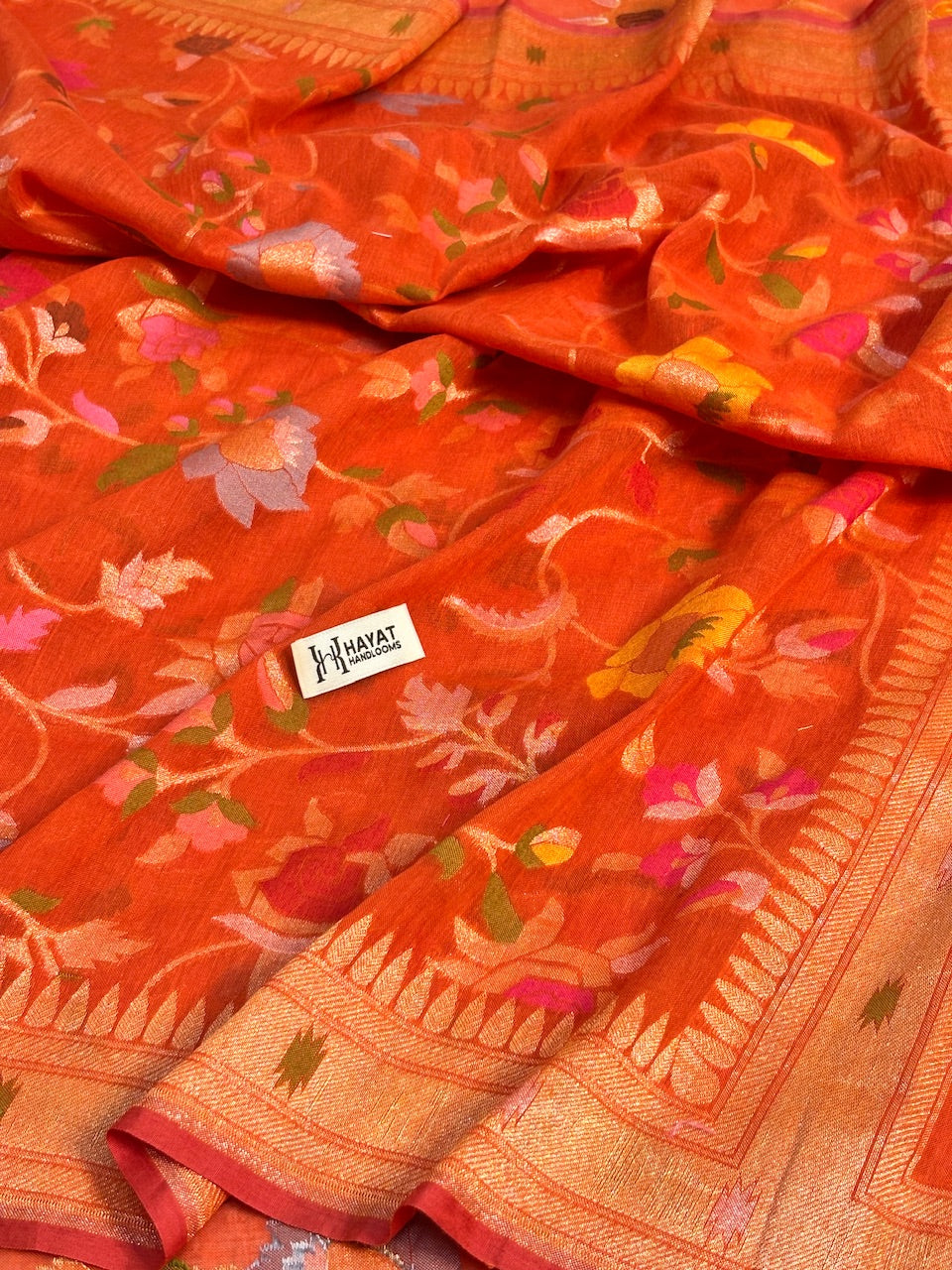 Orange Banarasi cotton Jamdani handloom Saree